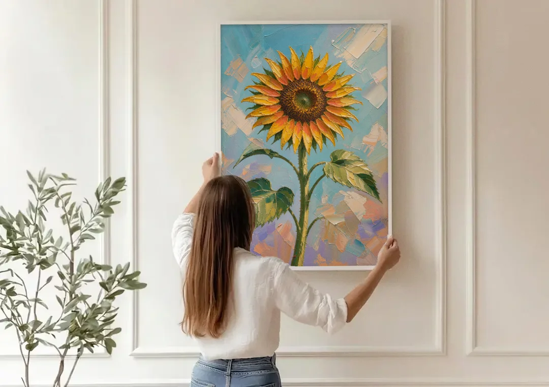 Single Sunflower Painting Against Violet Sky canvas wall art being hung on a paneled wall