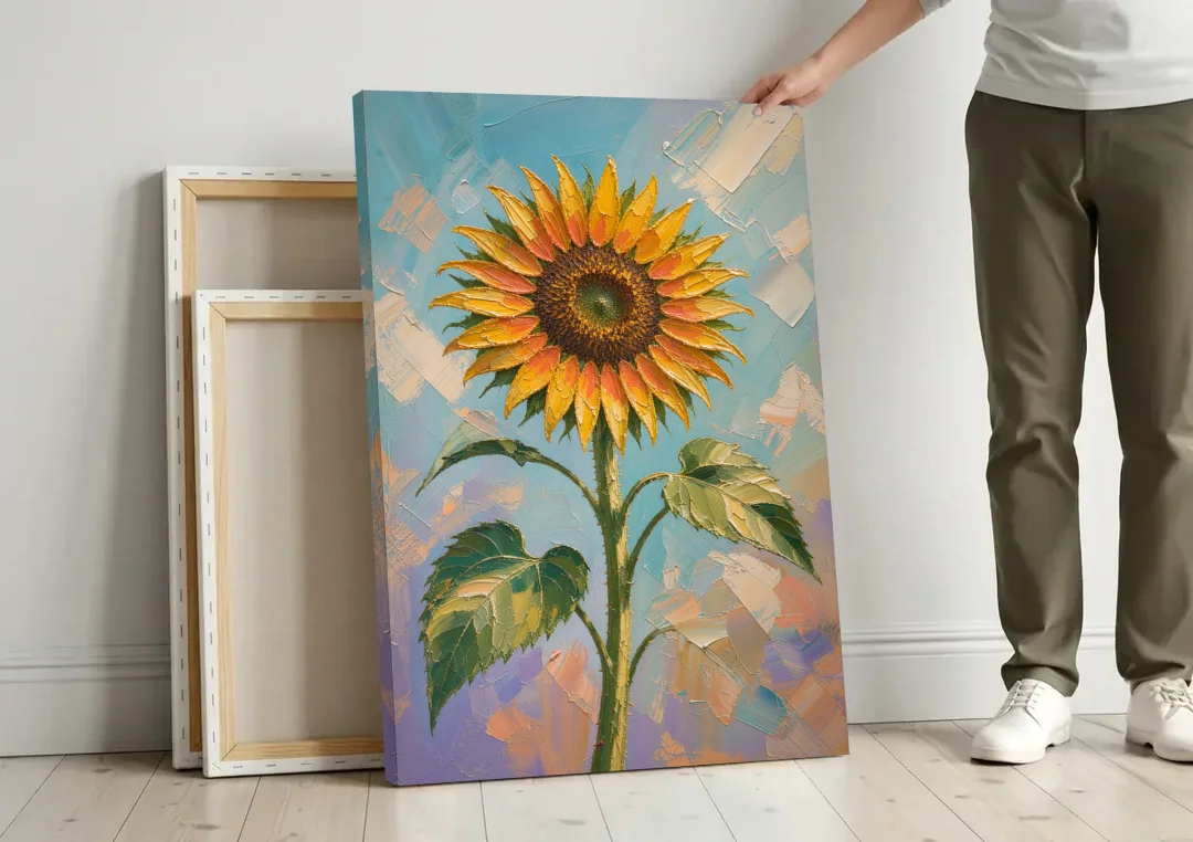 Single Sunflower Painting Against Violet Sky canvas wall art leaning against a wall next to blank canvases