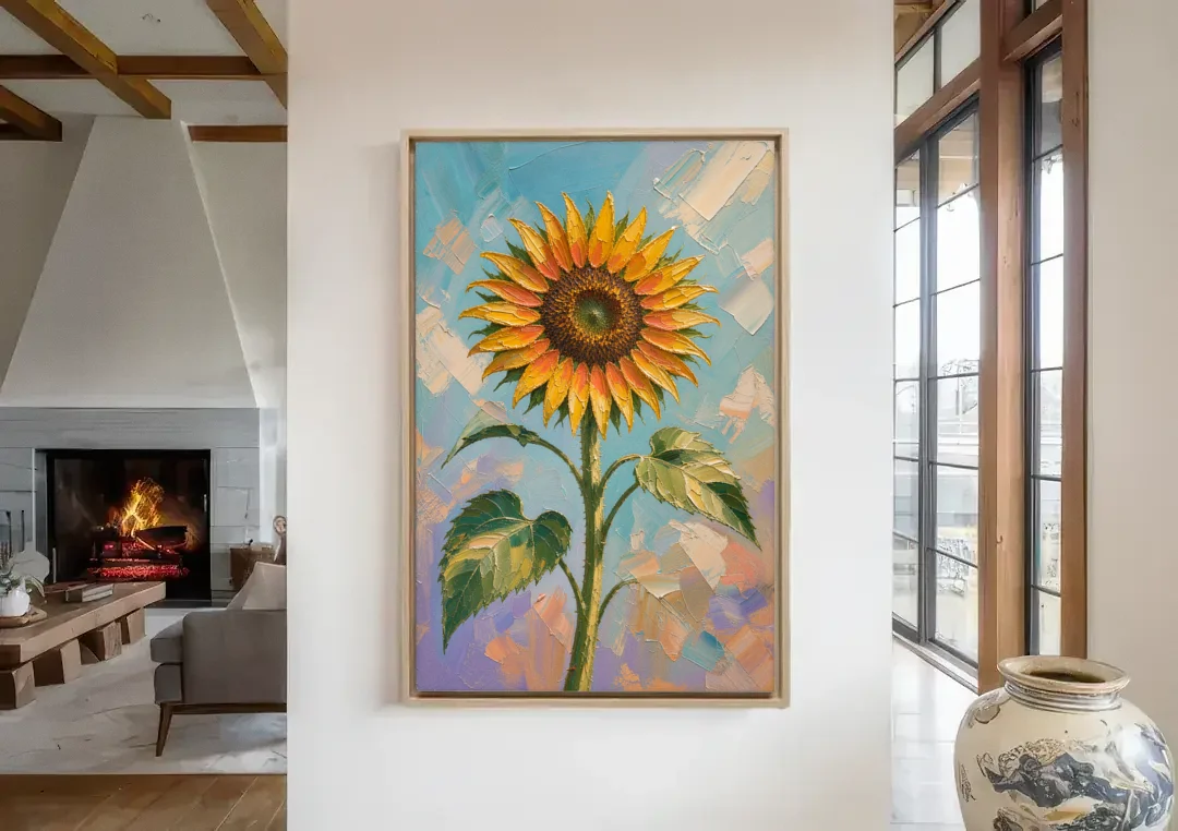 Single Sunflower Painting Against Violet Sky canvas wall art in a living room with a fireplace