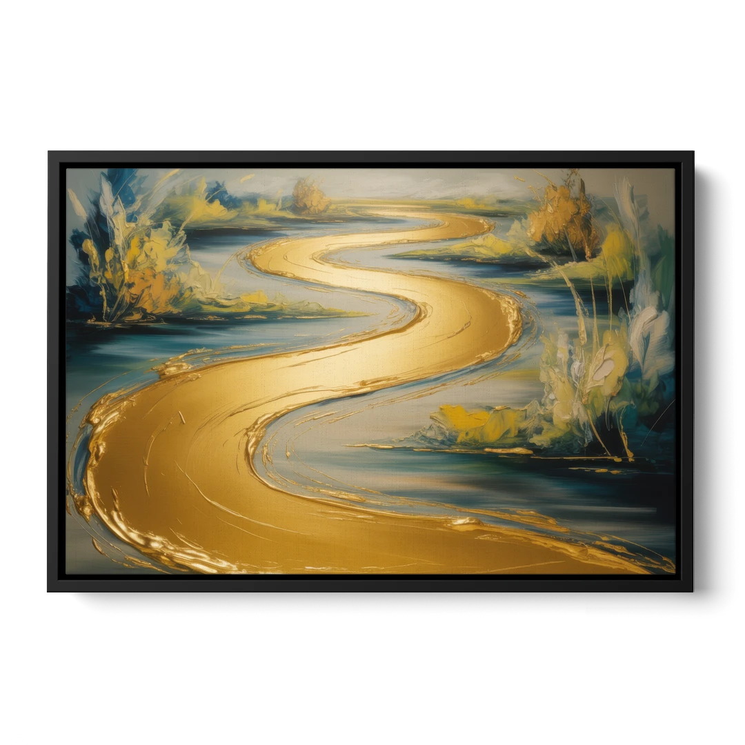 Sinuous River Gold Abstract - Black Framed Canvas Wall Art - Front