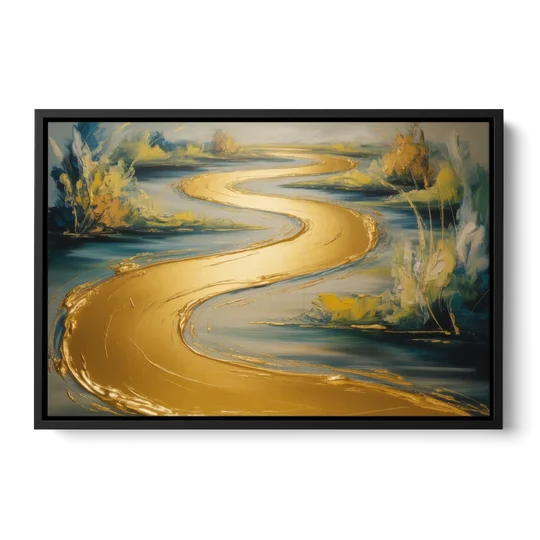 Sinuous River Gold Abstract - Black Framed Canvas Wall Art - Front