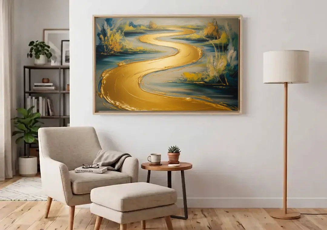 Sinuous River Gold Abstract canvas wall art above an armchair in a bright living room
