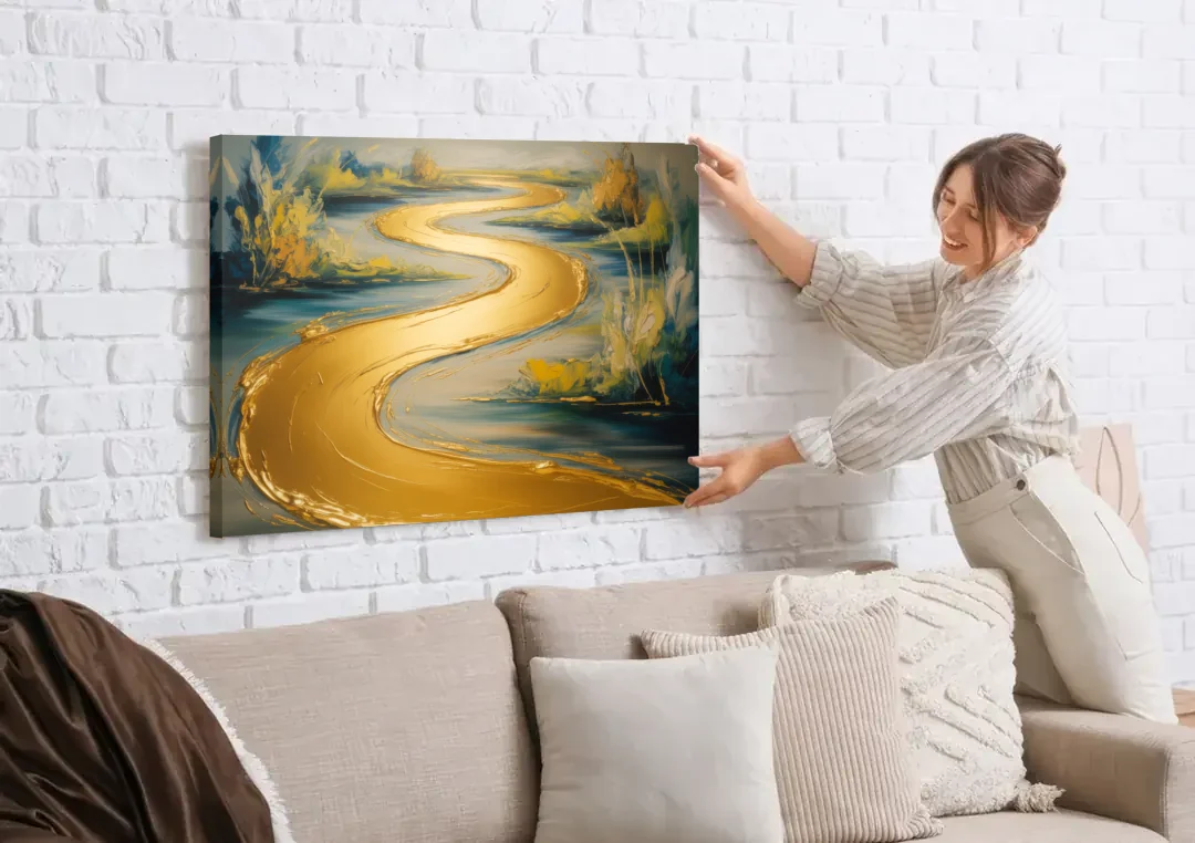 Sinuous River Gold Abstract canvas wall art being hung on a white brick wall above a sofa