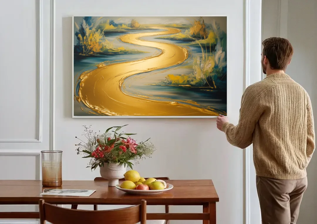 Sinuous River Gold Abstract canvas wall art above a dining table