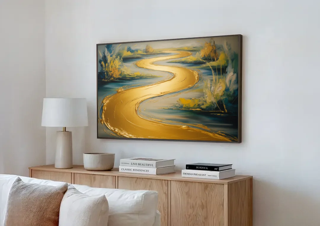 Sinuous River Gold Abstract canvas wall art above a wooden sideboard next to a sofa
