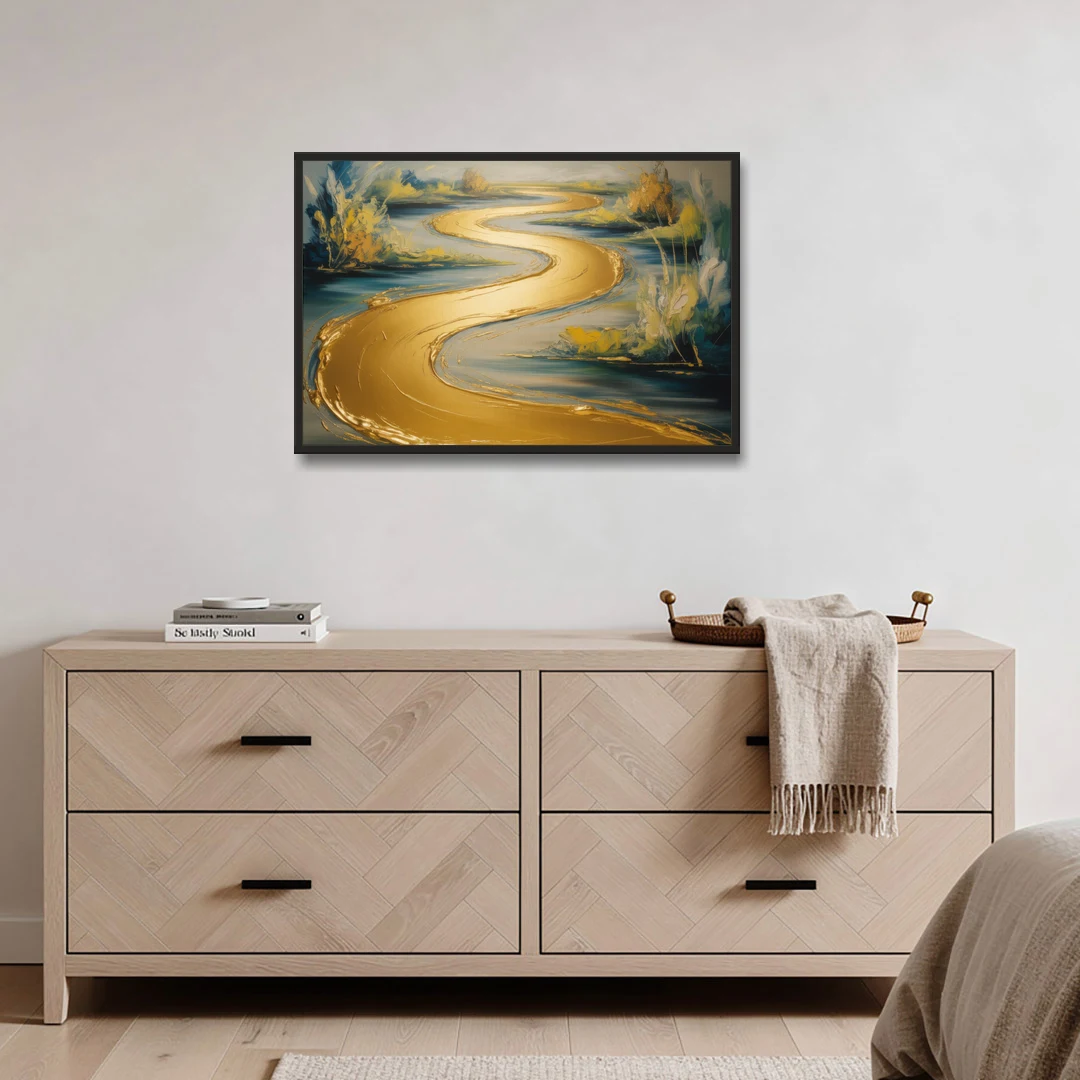 Sinuous River Gold Abstract - Black Framed Canvas Wall Art - Coffee Table - 36x24