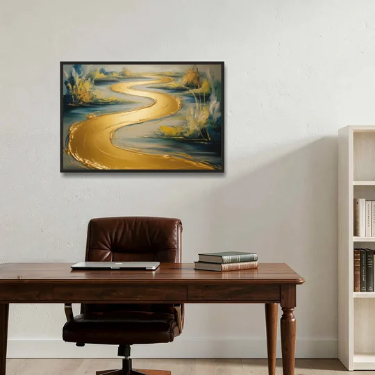 Sinuous River Gold Abstract - Black Framed Canvas Wall Art - Office - 36x24