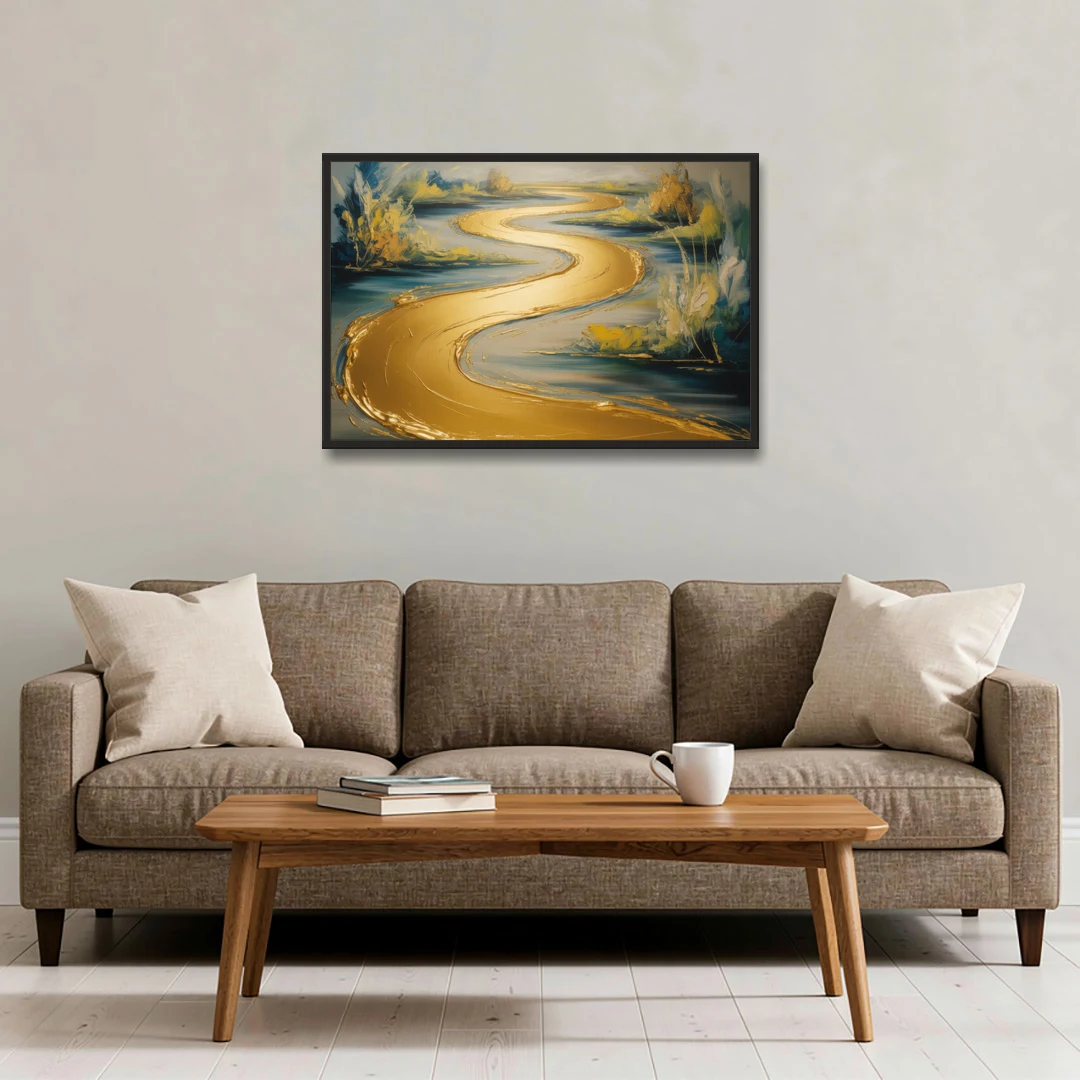 Sinuous River Gold Abstract - Black Framed Canvas Wall Art - Sofa - 36x24