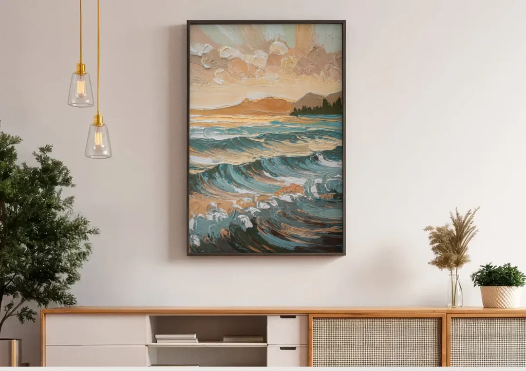 Sitka Coastal Horizon canvas wall art above a wooden sideboard under pendant lights
