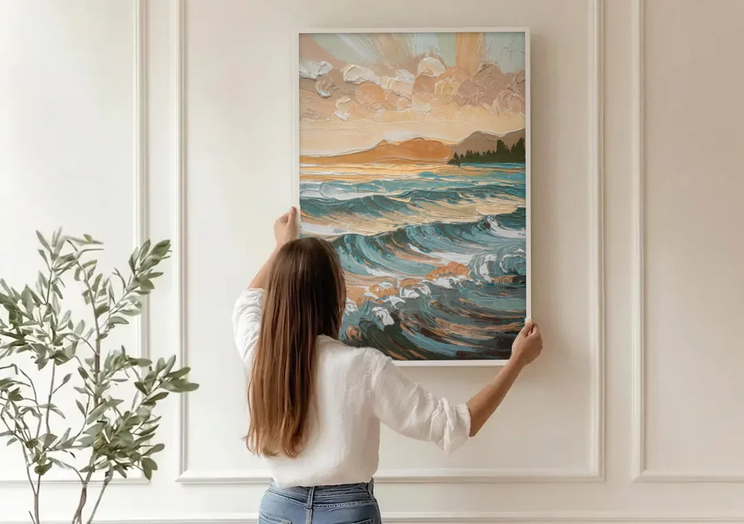 Sitka Coastal Horizon canvas wall art being hung on a paneled wall