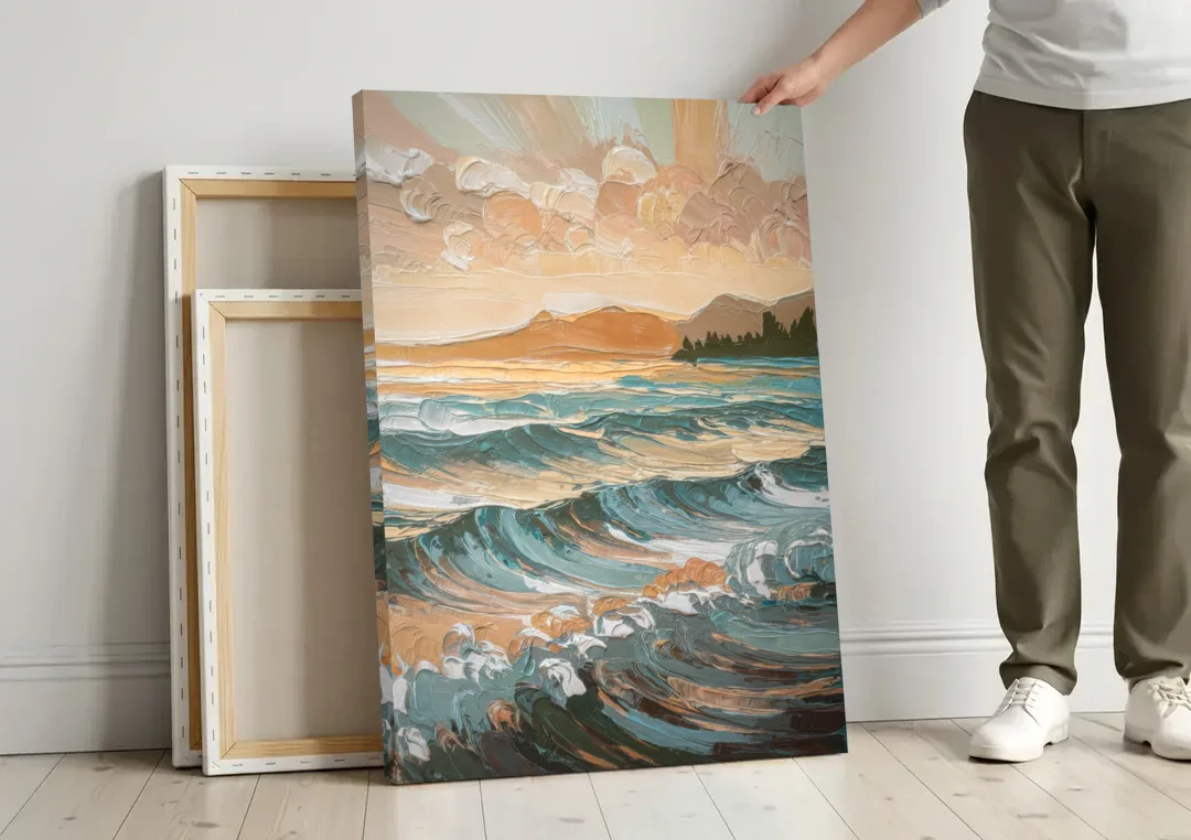 Sitka Coastal Horizon canvas wall art leaning against a wall next to blank canvases