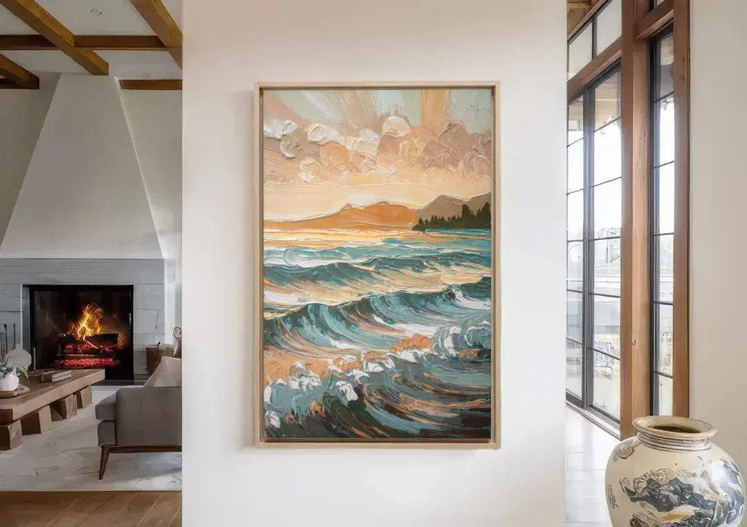 Sitka Coastal Horizon canvas wall art in a living room with a fireplace