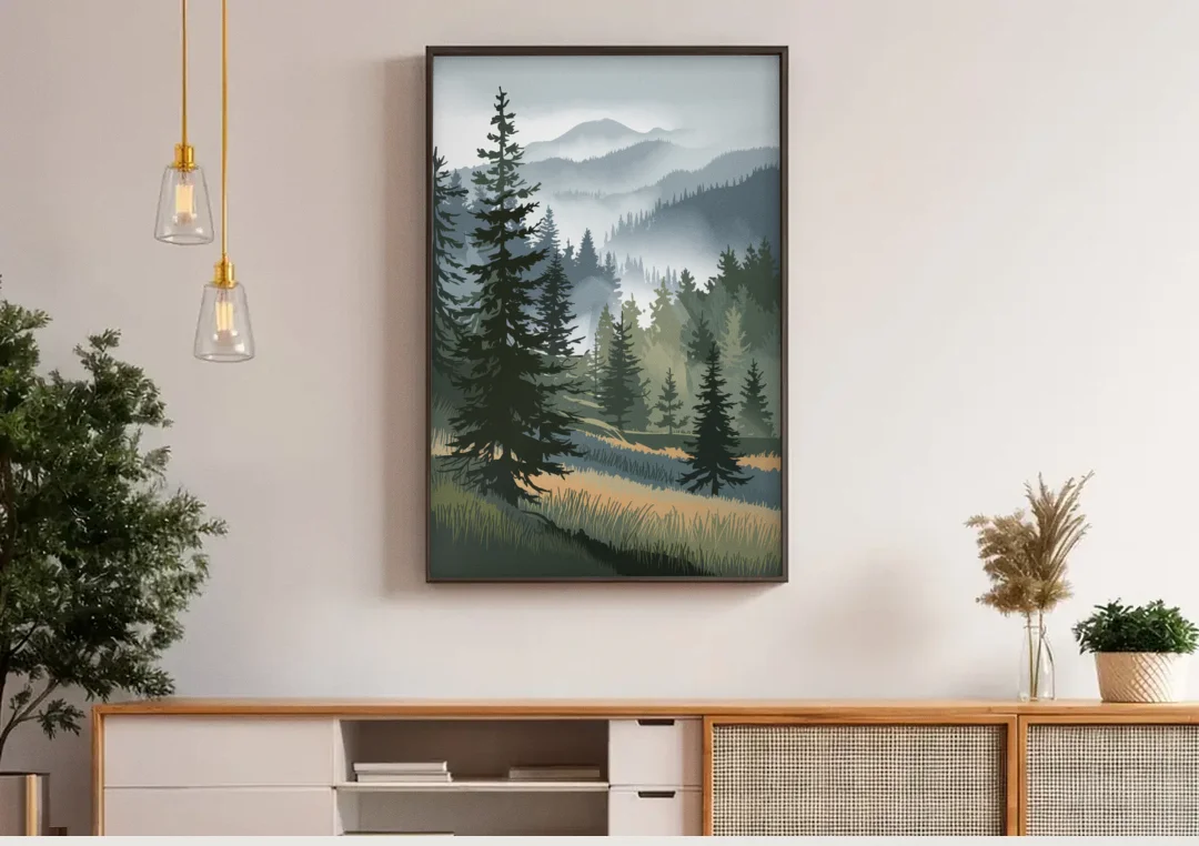 Sitka Evergreen Landscape canvas wall art above a wooden sideboard under pendant lights