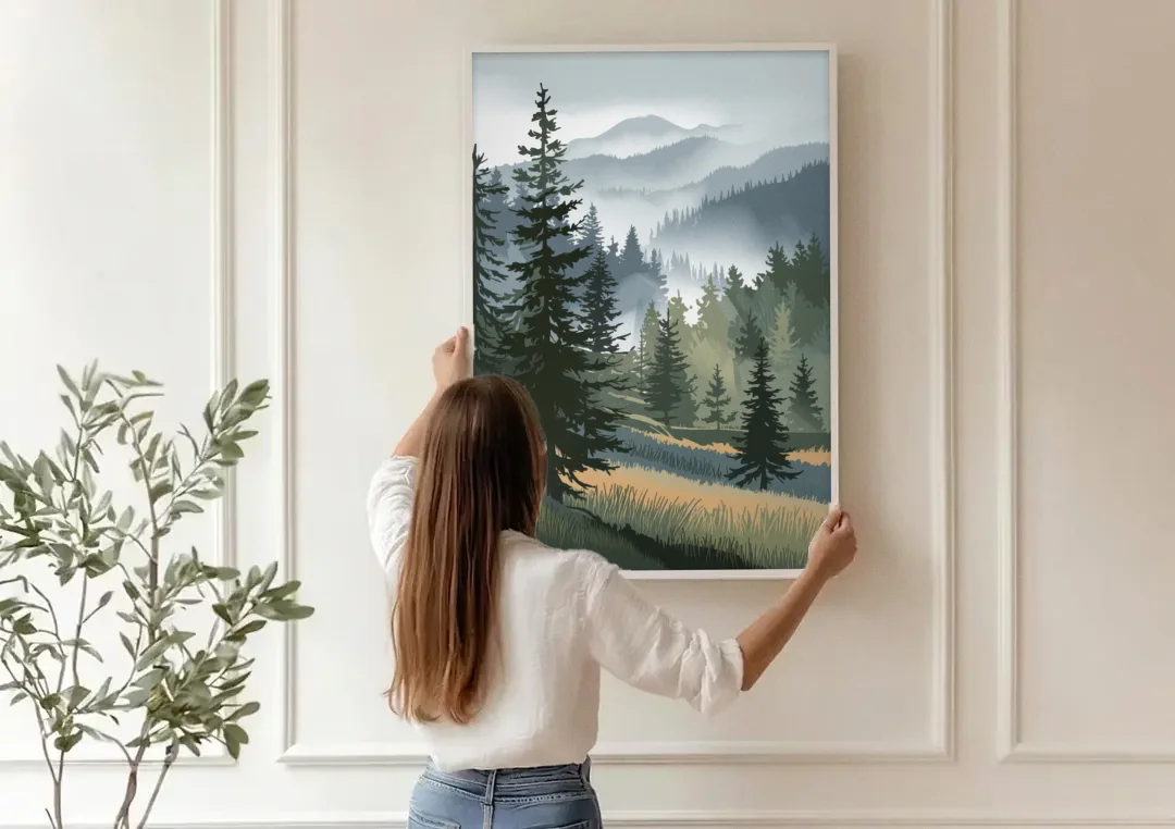 Sitka Evergreen Landscape canvas wall art being hung on a paneled wall