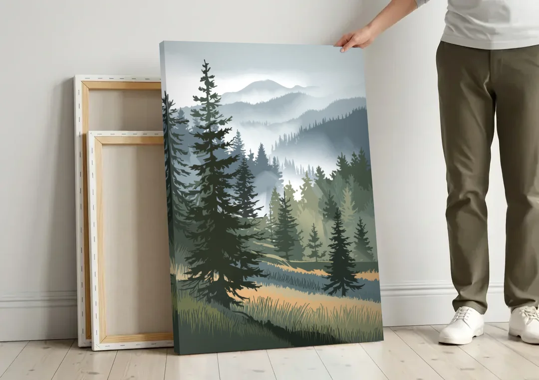Sitka Evergreen Landscape canvas wall art leaning against a wall next to blank canvases