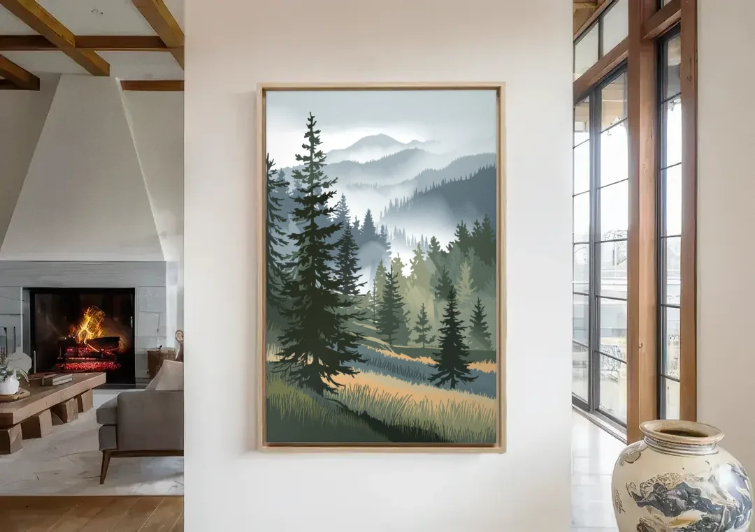 Sitka Evergreen Landscape canvas wall art in a living room with a fireplace