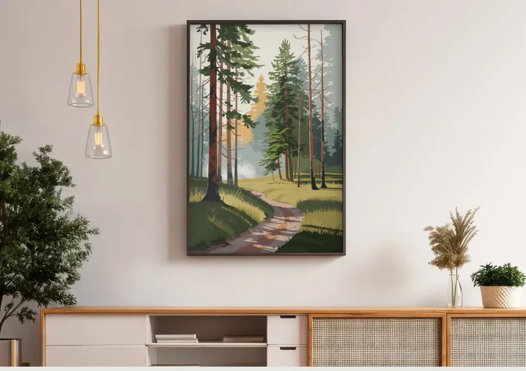 Sitka Forest Serenity canvas wall art above a wooden sideboard under pendant lights