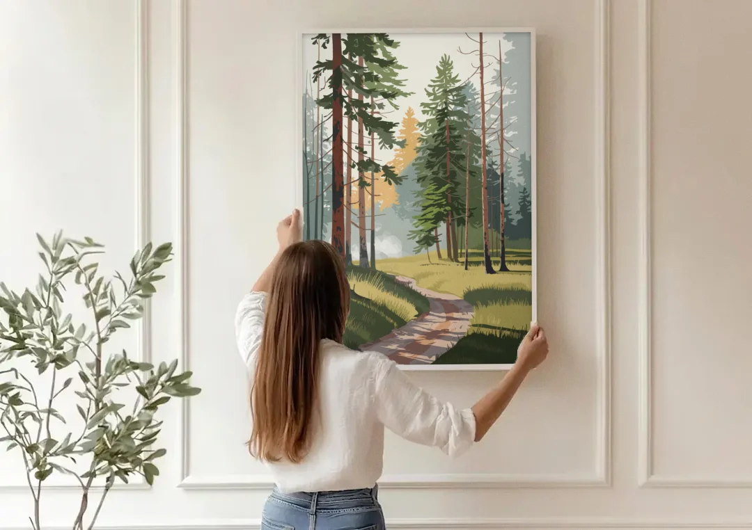 Sitka Forest Serenity canvas wall art being hung on a paneled wall