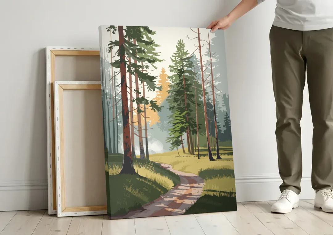 Sitka Forest Serenity canvas wall art leaning against a wall next to blank canvases