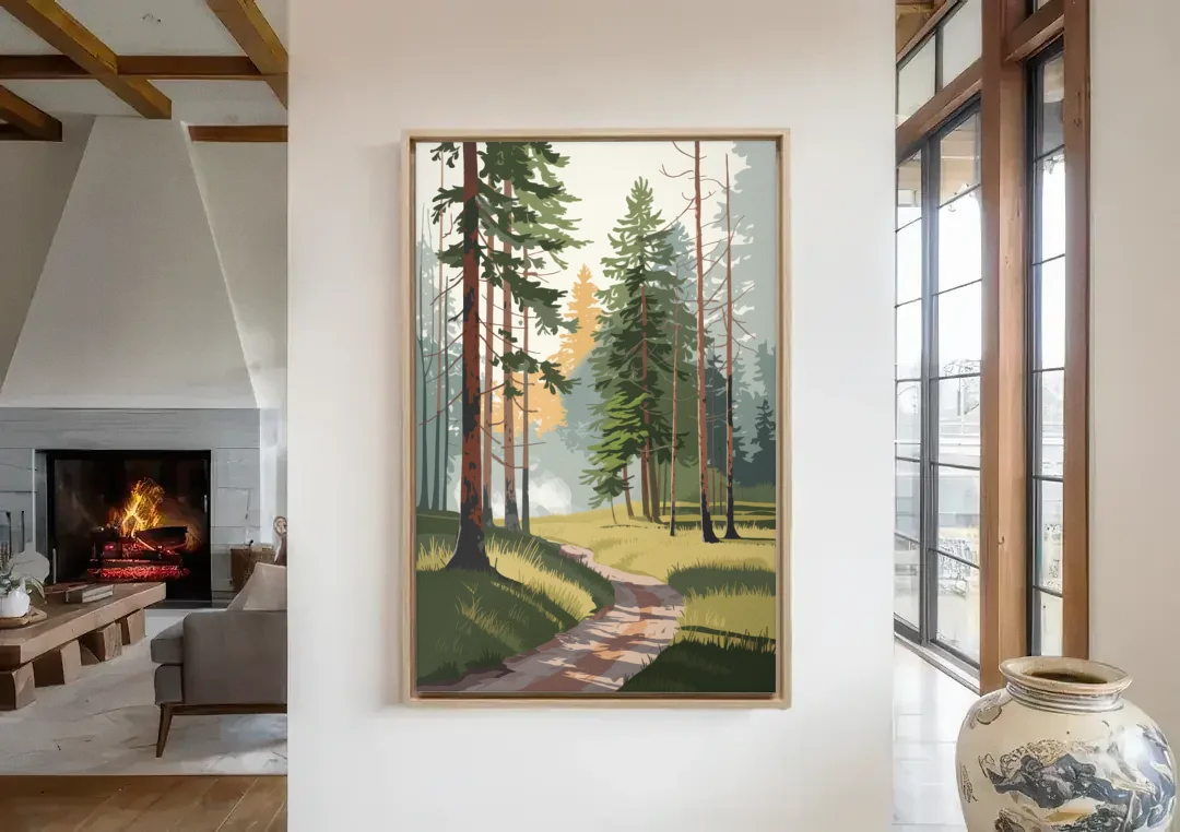 Sitka Forest Serenity canvas wall art in a living room with a fireplace
