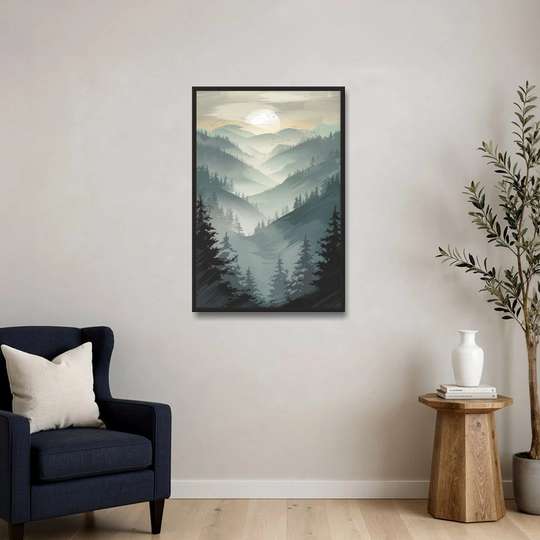 Sitka Misty Mountains - Black Framed Canvas Wall Art - Sofa - 24x36