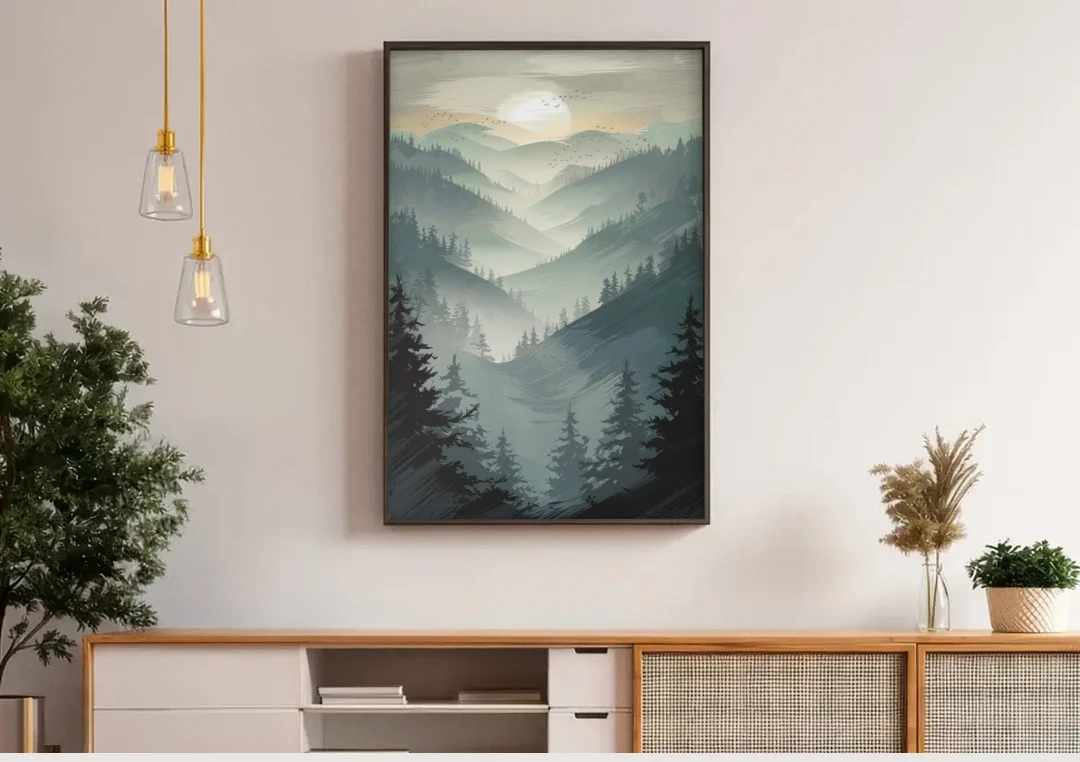 Sitka Misty Mountains canvas wall art above a wooden sideboard under pendant lights