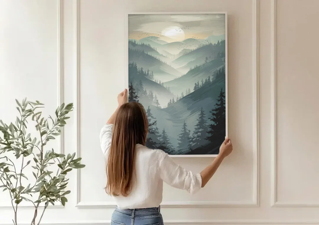 Sitka Misty Mountains canvas wall art being hung on a paneled wall