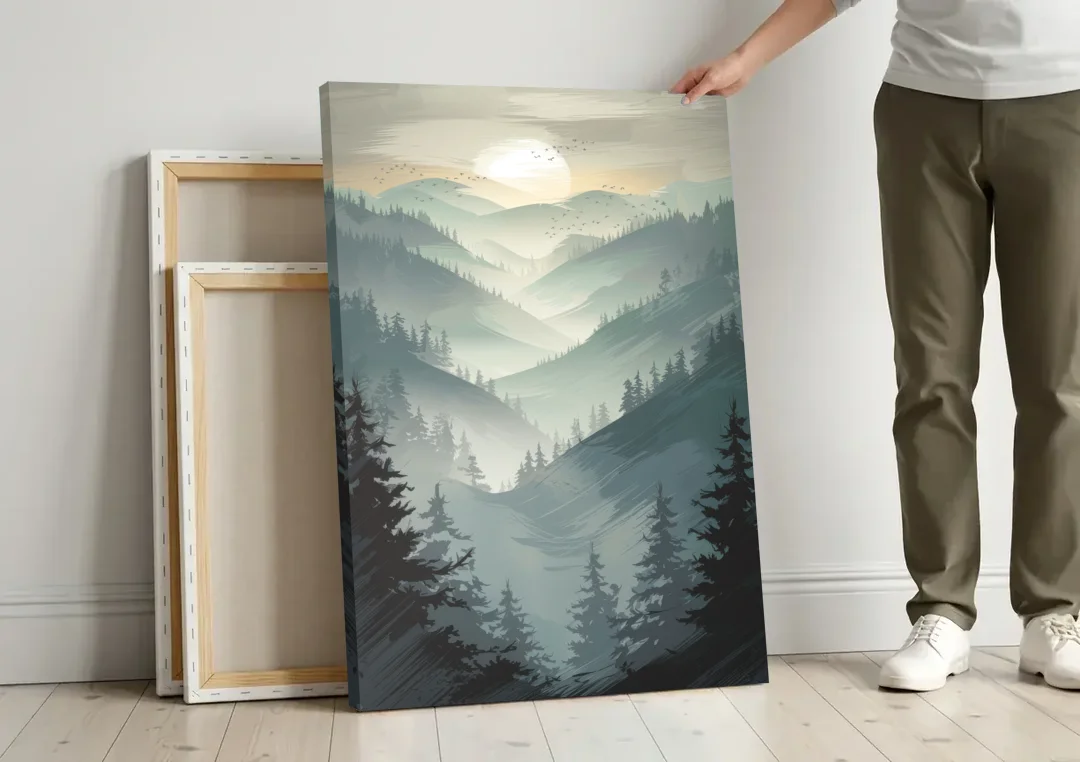 Sitka Misty Mountains canvas wall art leaning against a wall next to blank canvases