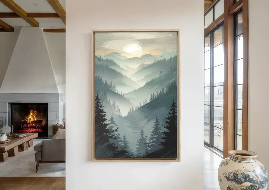 Sitka Misty Mountains canvas wall art in a living room with a fireplace