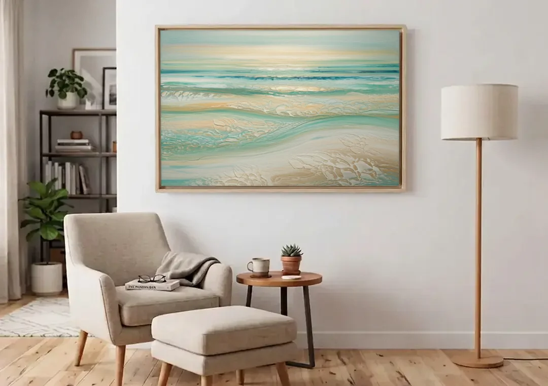 Sitka Ocean Breeze canvas wall art above an armchair in a bright living room