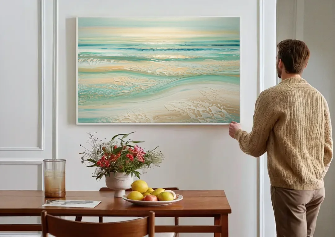 Sitka Ocean Breeze canvas wall art above a dining table
