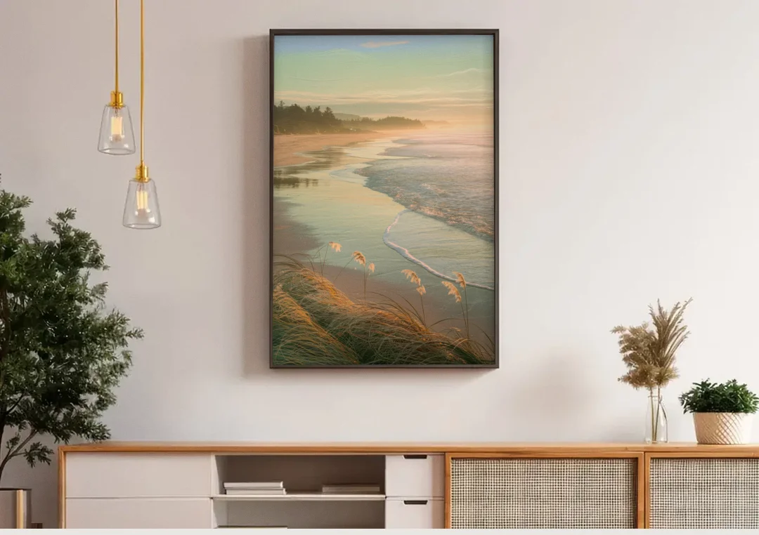 Sitka Tranquil Shores canvas wall art above a wooden sideboard under pendant lights