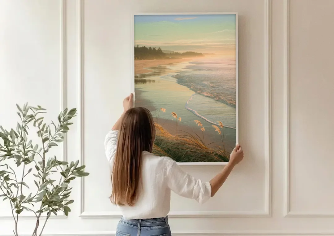 Sitka Tranquil Shores canvas wall art being hung on a paneled wall
