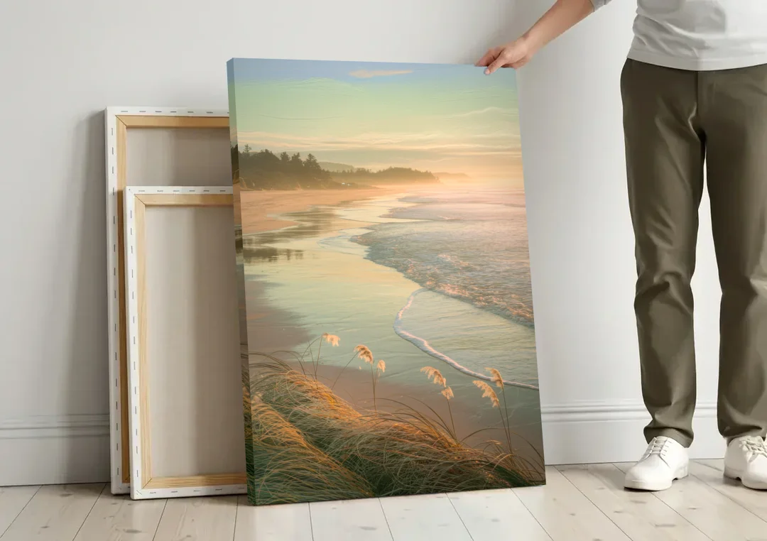Sitka Tranquil Shores canvas wall art leaning against a wall next to blank canvases