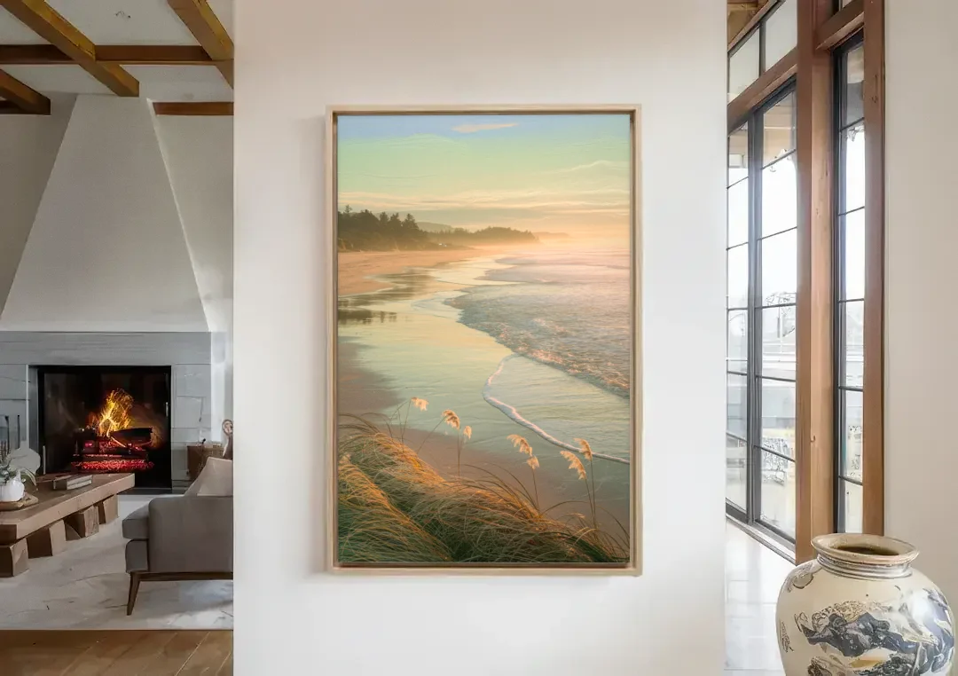 Sitka Tranquil Shores canvas wall art in a living room with a fireplace