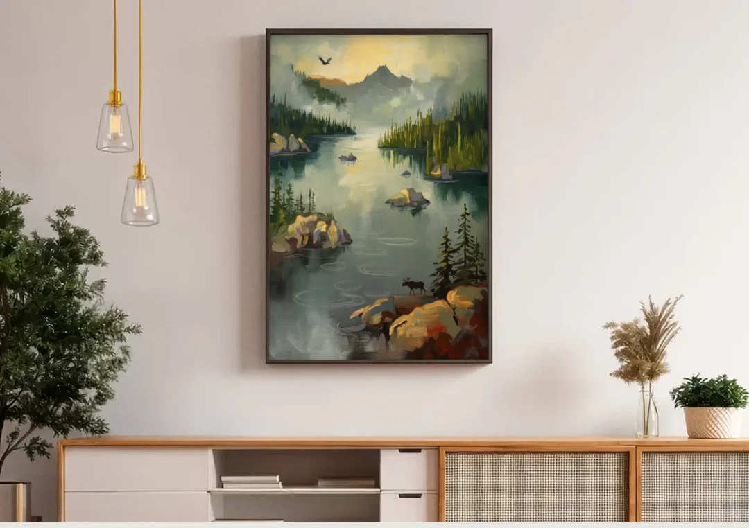 Sitka Wilderness Escape canvas wall art above a wooden sideboard under pendant lights