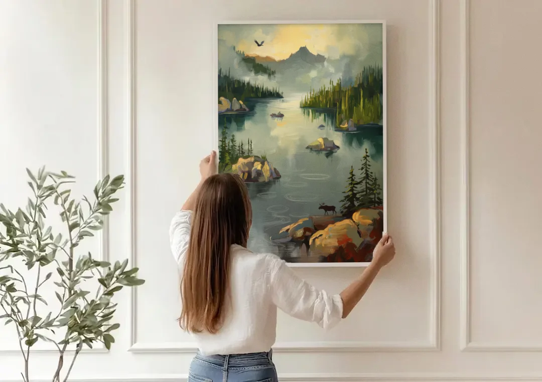 Sitka Wilderness Escape canvas wall art being hung on a paneled wall