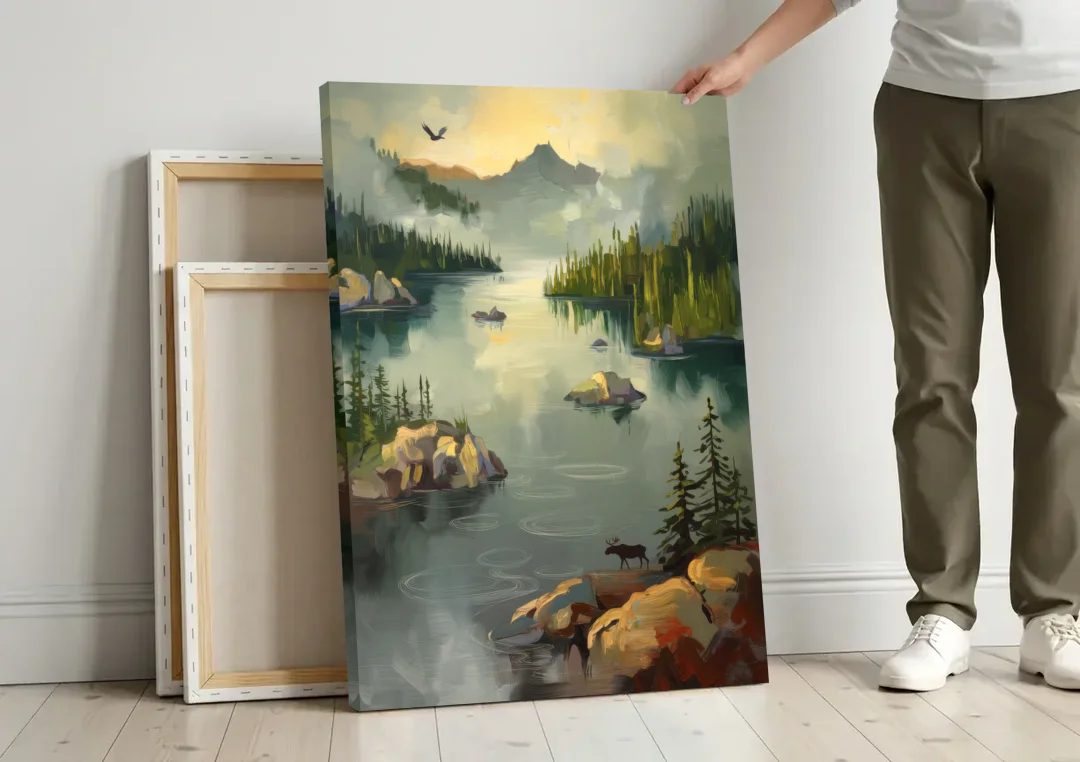 Sitka Wilderness Escape canvas wall art leaning against a wall next to blank canvases