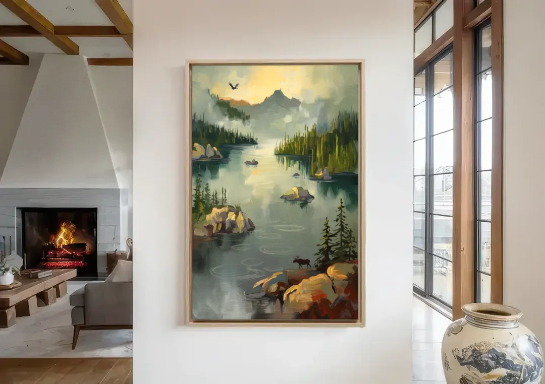 Sitka Wilderness Escape canvas wall art in a living room with a fireplace