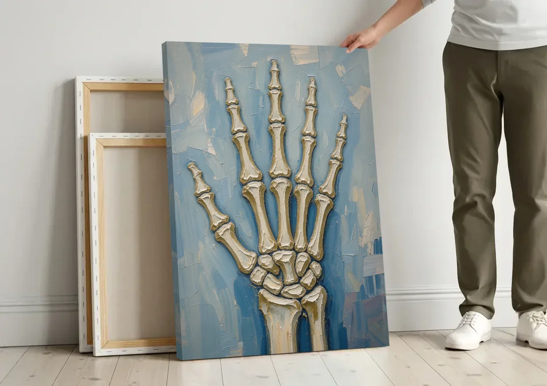 Skeleton Hand Painting Spread Wide Open canvas wall art leaning against a wall next to blank canvases