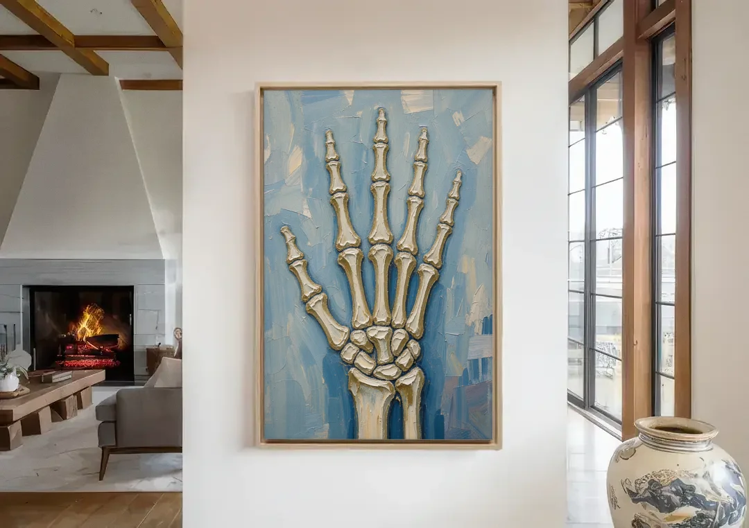 Skeleton Hand Painting Spread Wide Open canvas wall art in a living room with a fireplace
