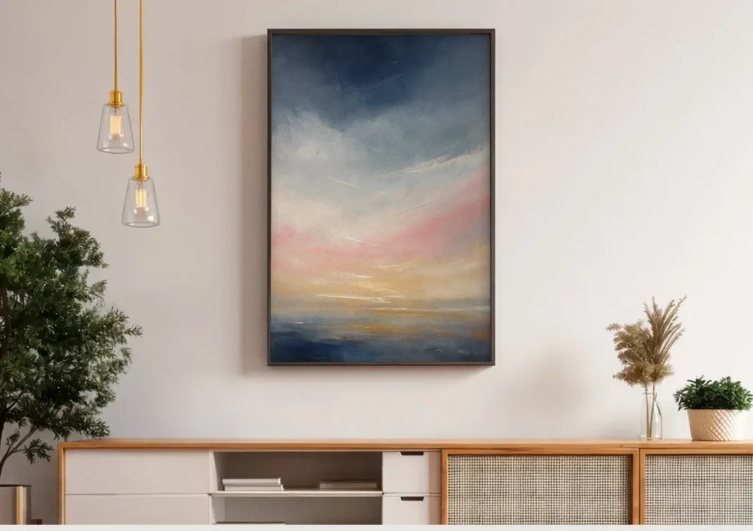 Sky Wall Art with a Blush Dawn Horizon canvas wall art above a wooden sideboard under pendant lights