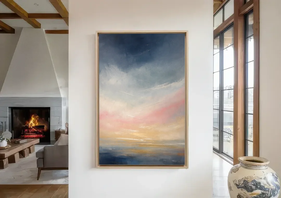 Sky Wall Art with a Blush Dawn Horizon canvas wall art in a living room with a fireplace