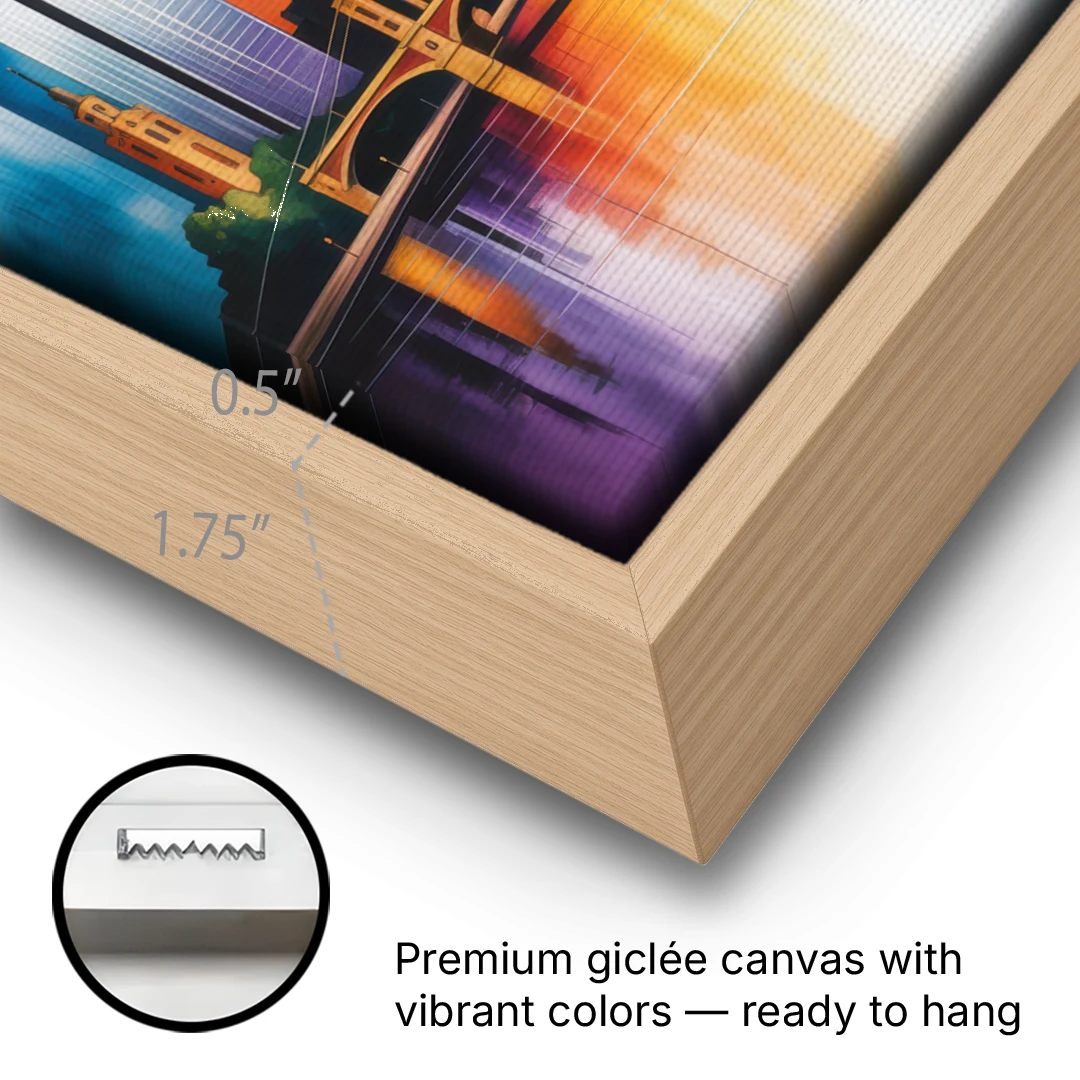 Skyline of Frankfurt - Oak Framed Canvas Wall Art - Gallery Wrap Corner