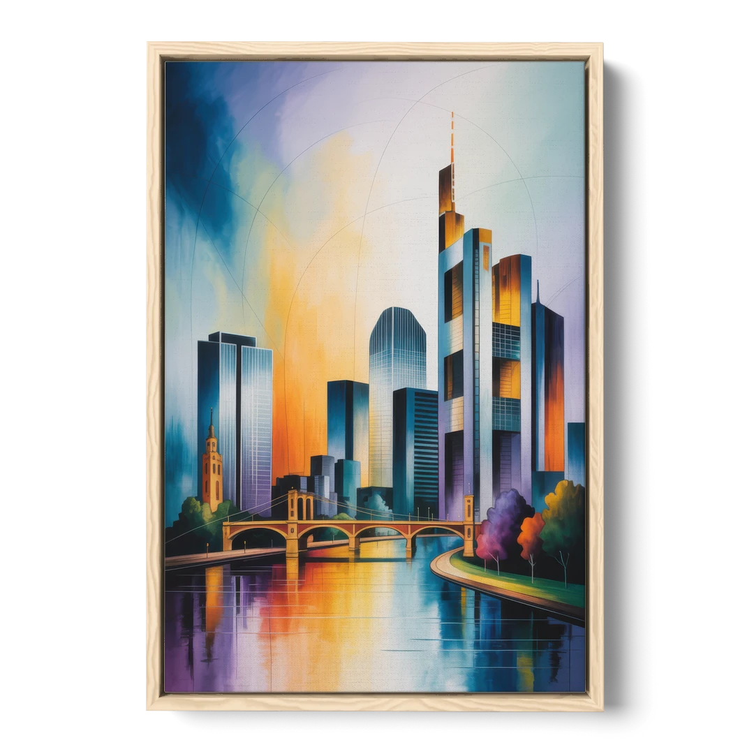 Skyline of Frankfurt - Oak Framed Canvas Wall Art - Front