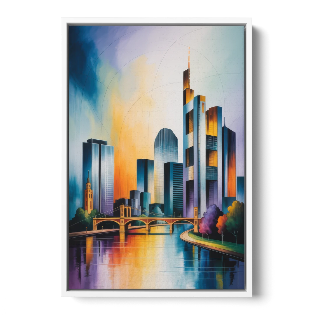 Skyline of Frankfurt - White Framed Canvas Wall Art - Front