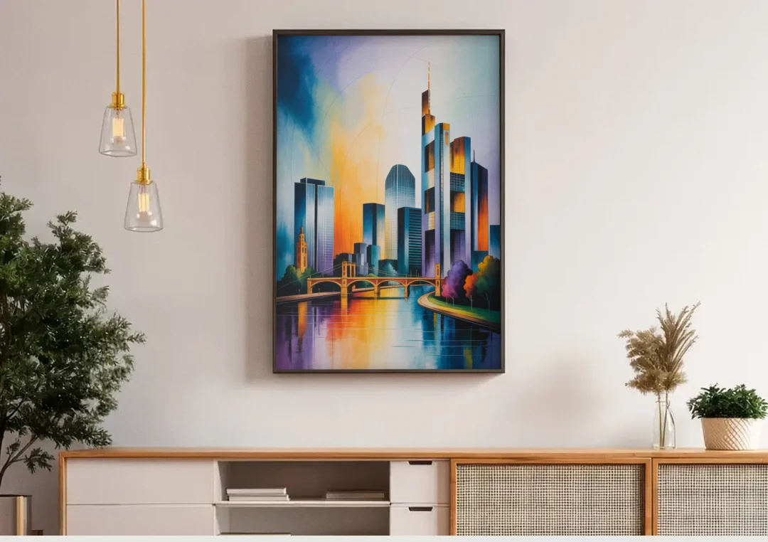 Skyline of Frankfurt canvas wall art above a wooden sideboard under pendant lights