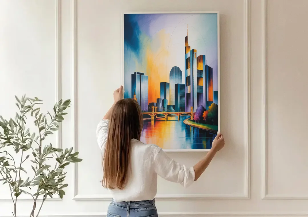 Skyline of Frankfurt canvas wall art being hung on a paneled wall