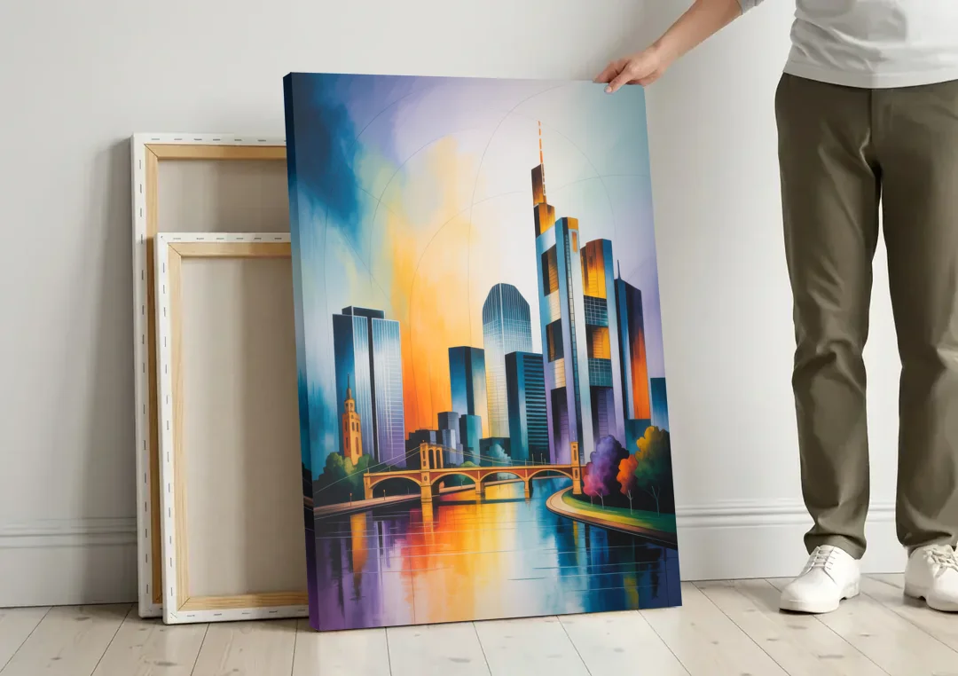 Skyline of Frankfurt canvas wall art leaning against a wall next to blank canvases