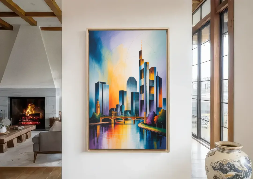 Skyline of Frankfurt canvas wall art in a living room with a fireplace